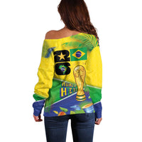 Personalized Brasil Rumo ao Hexa 26 Off Shoulder Sweater World Trophy Gold Tropical Plants Carnival Style