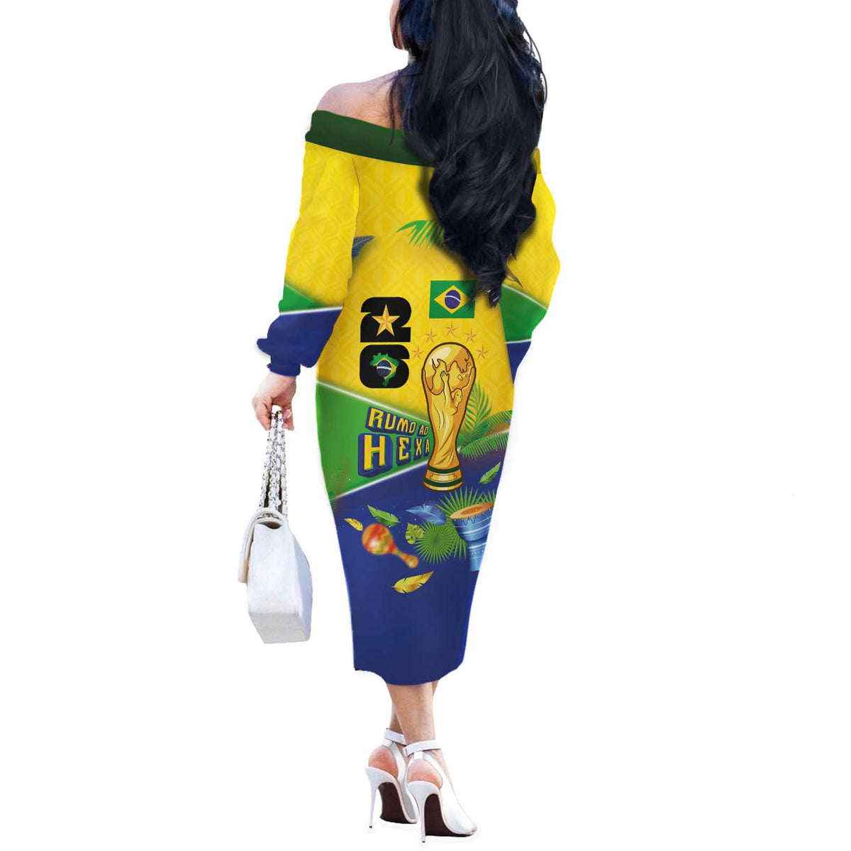 Personalized Brasil Rumo ao Hexa 26 Off The Shoulder Long Sleeve Dress World Trophy Gold Tropical Plants Carnival Style