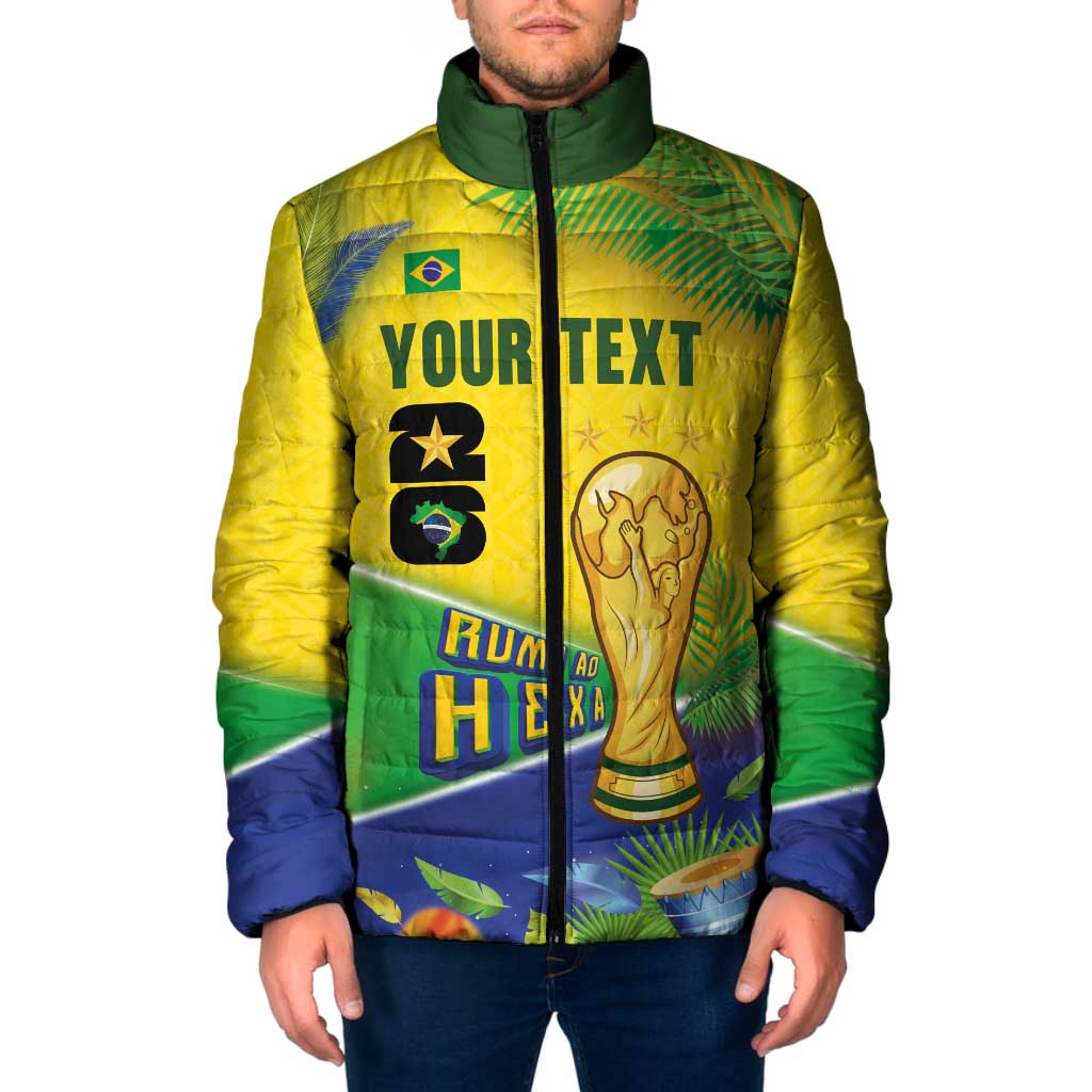 Personalized Brasil Rumo ao Hexa 26 Padded Jacket World Trophy Gold Tropical Plants Carnival Style