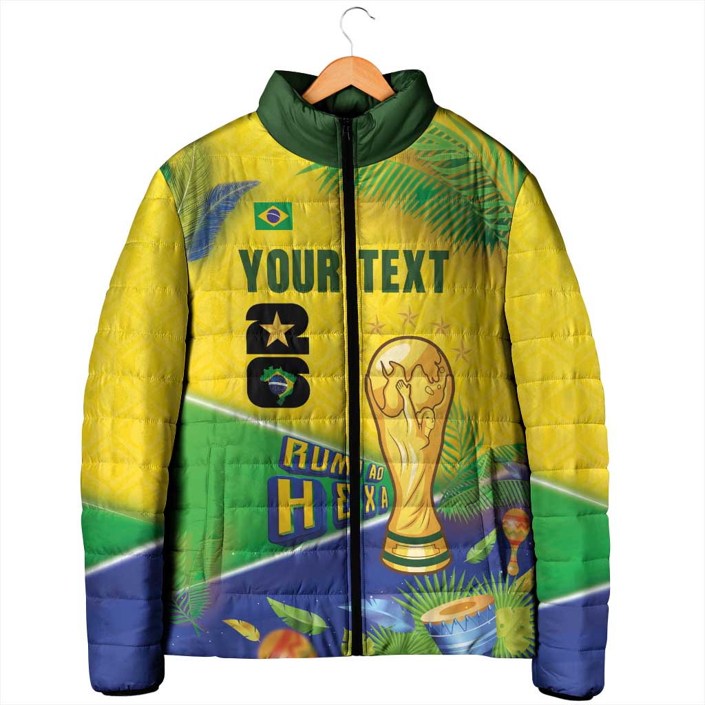 Personalized Brasil Rumo ao Hexa 26 Padded Jacket World Trophy Gold Tropical Plants Carnival Style