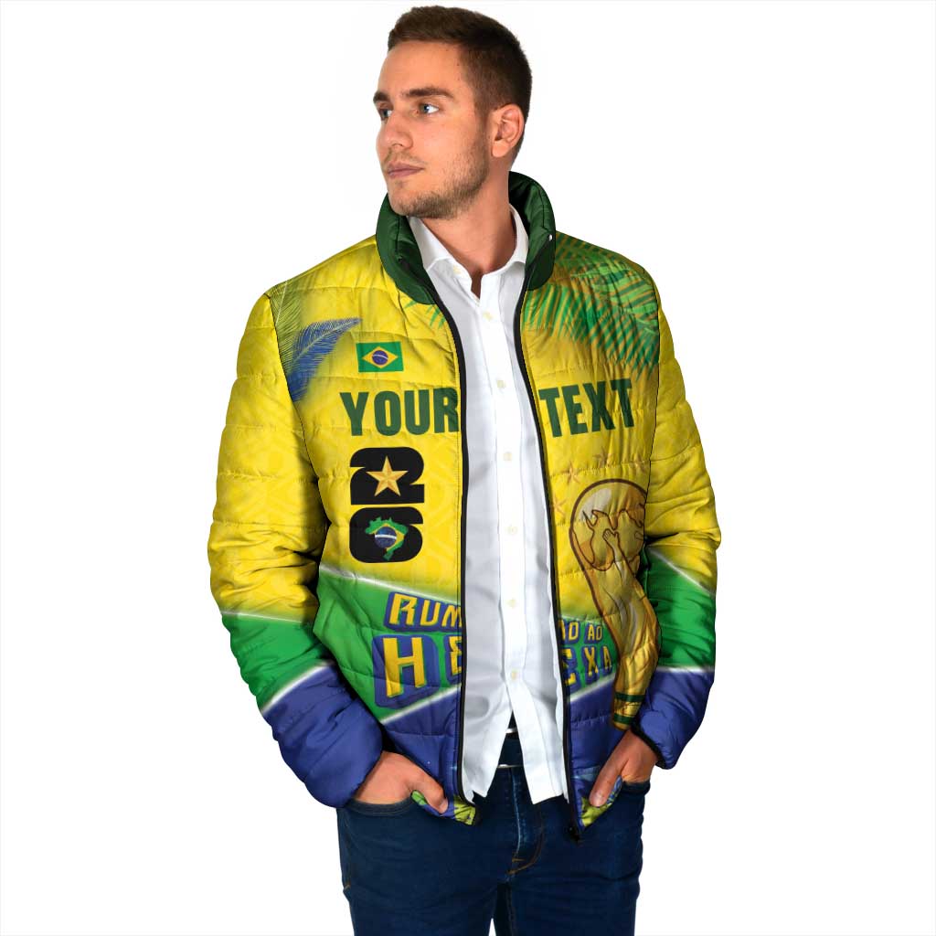 Personalized Brasil Rumo ao Hexa 26 Padded Jacket World Trophy Gold Tropical Plants Carnival Style