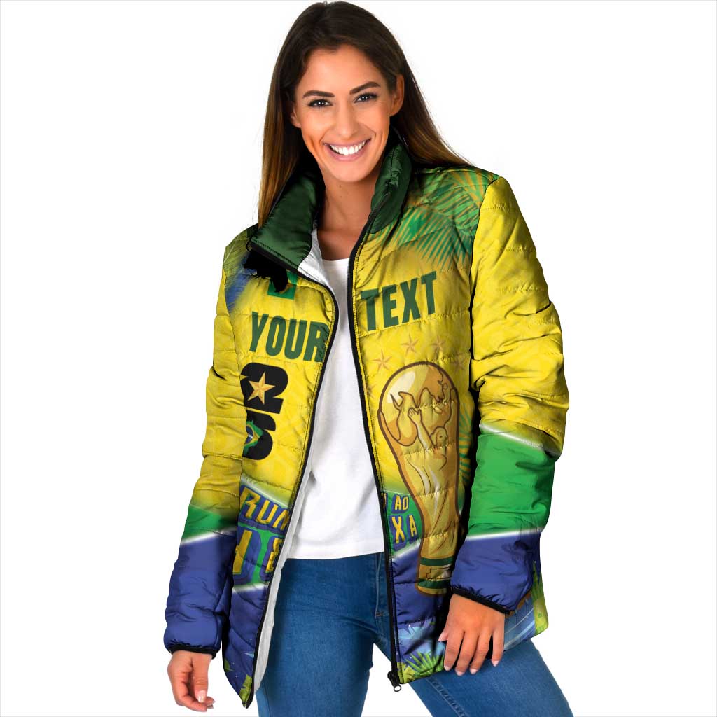 Personalized Brasil Rumo ao Hexa 26 Padded Jacket World Trophy Gold Tropical Plants Carnival Style