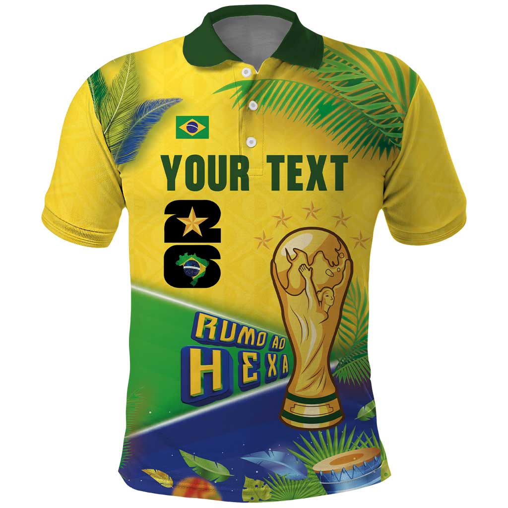 Personalized Brasil Rumo ao Hexa 26 Polo Shirt World Trophy Gold Tropical Plants Carnival Style