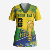 Personalized Brasil Rumo ao Hexa 26 Scrub Top World Trophy Gold Tropical Plants Carnival Style