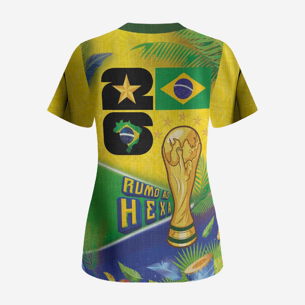 Personalized Brasil Rumo ao Hexa 26 Scrub Top World Trophy Gold Tropical Plants Carnival Style