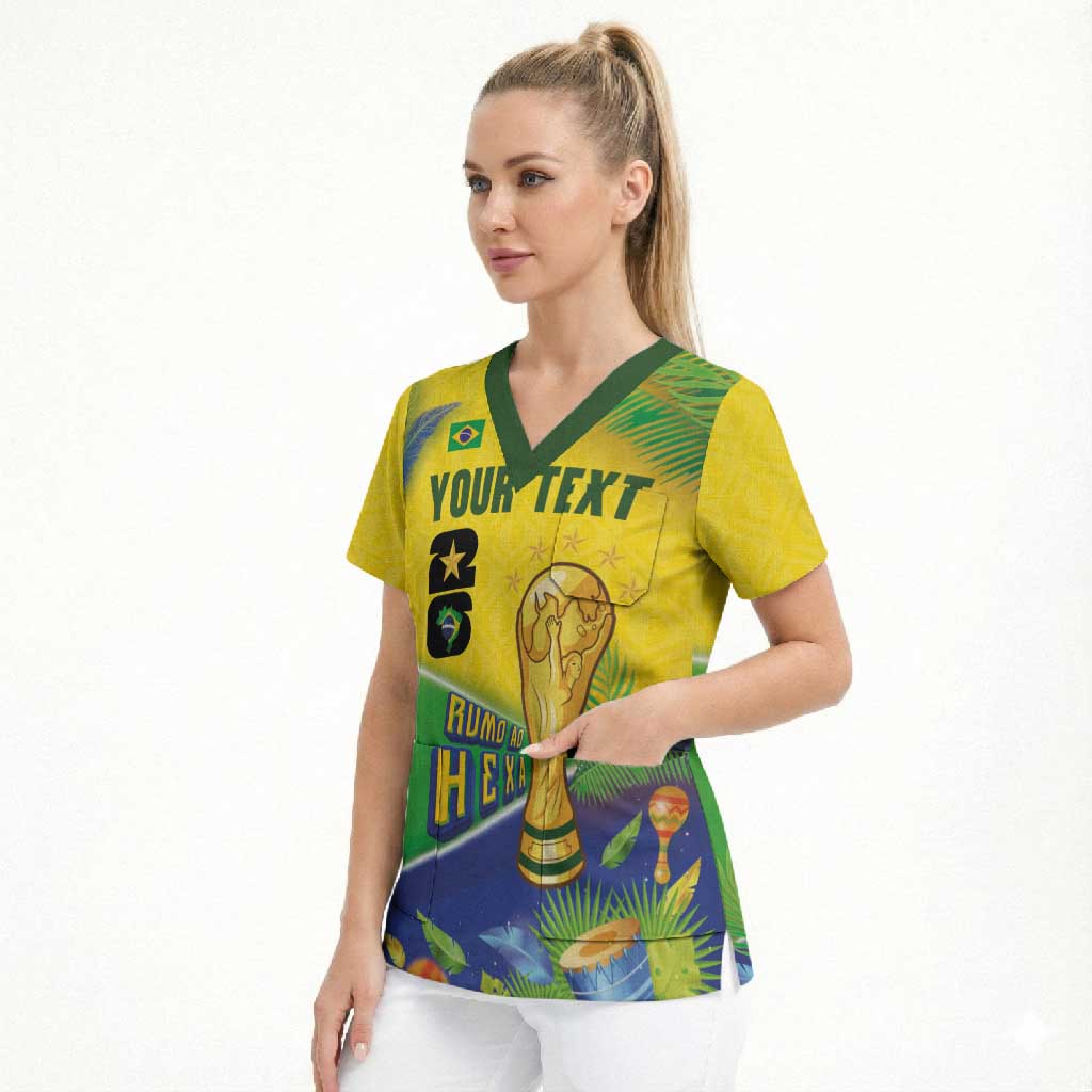 Personalized Brasil Rumo ao Hexa 26 Scrub Top World Trophy Gold Tropical Plants Carnival Style