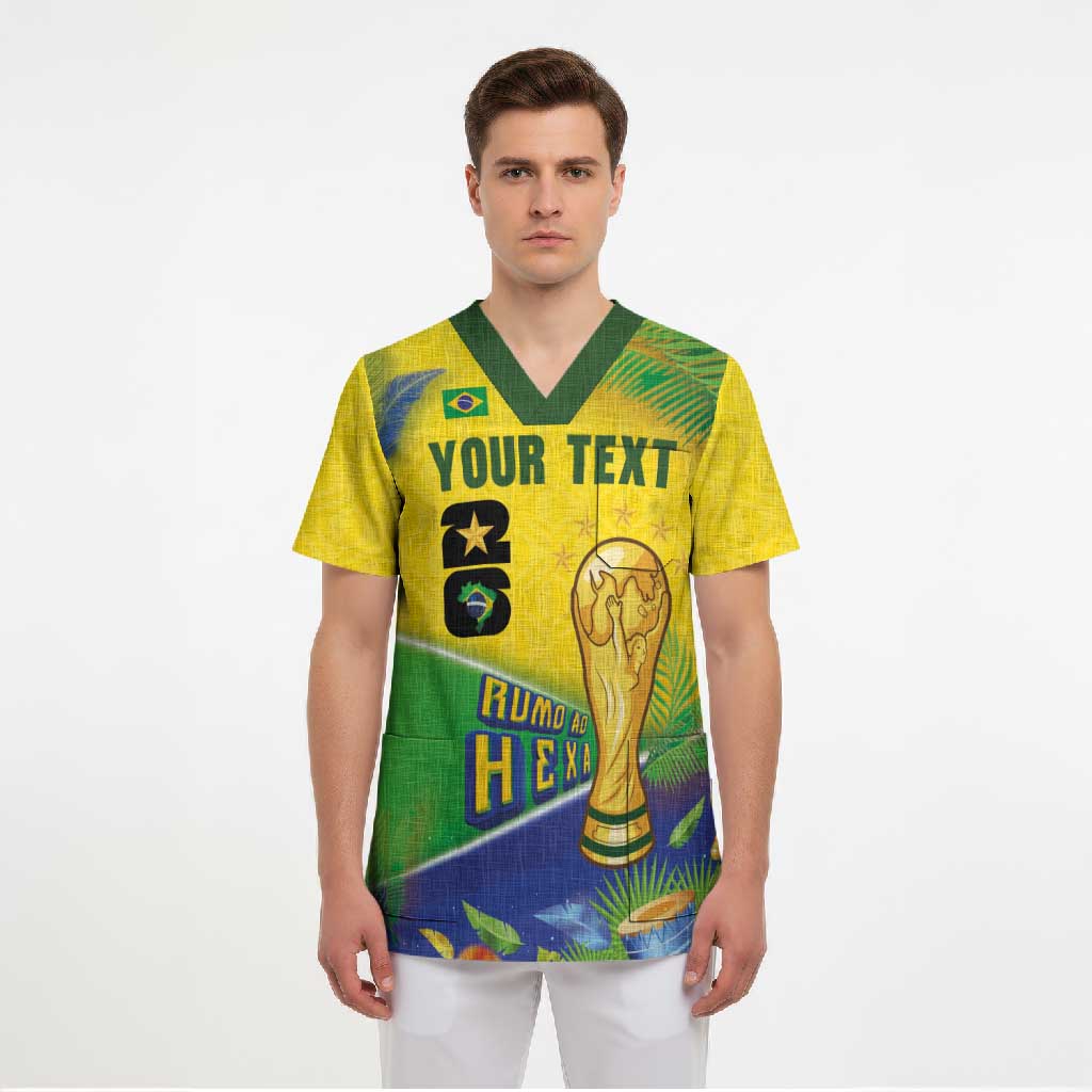 Personalized Brasil Rumo ao Hexa 26 Scrub Top World Trophy Gold Tropical Plants Carnival Style