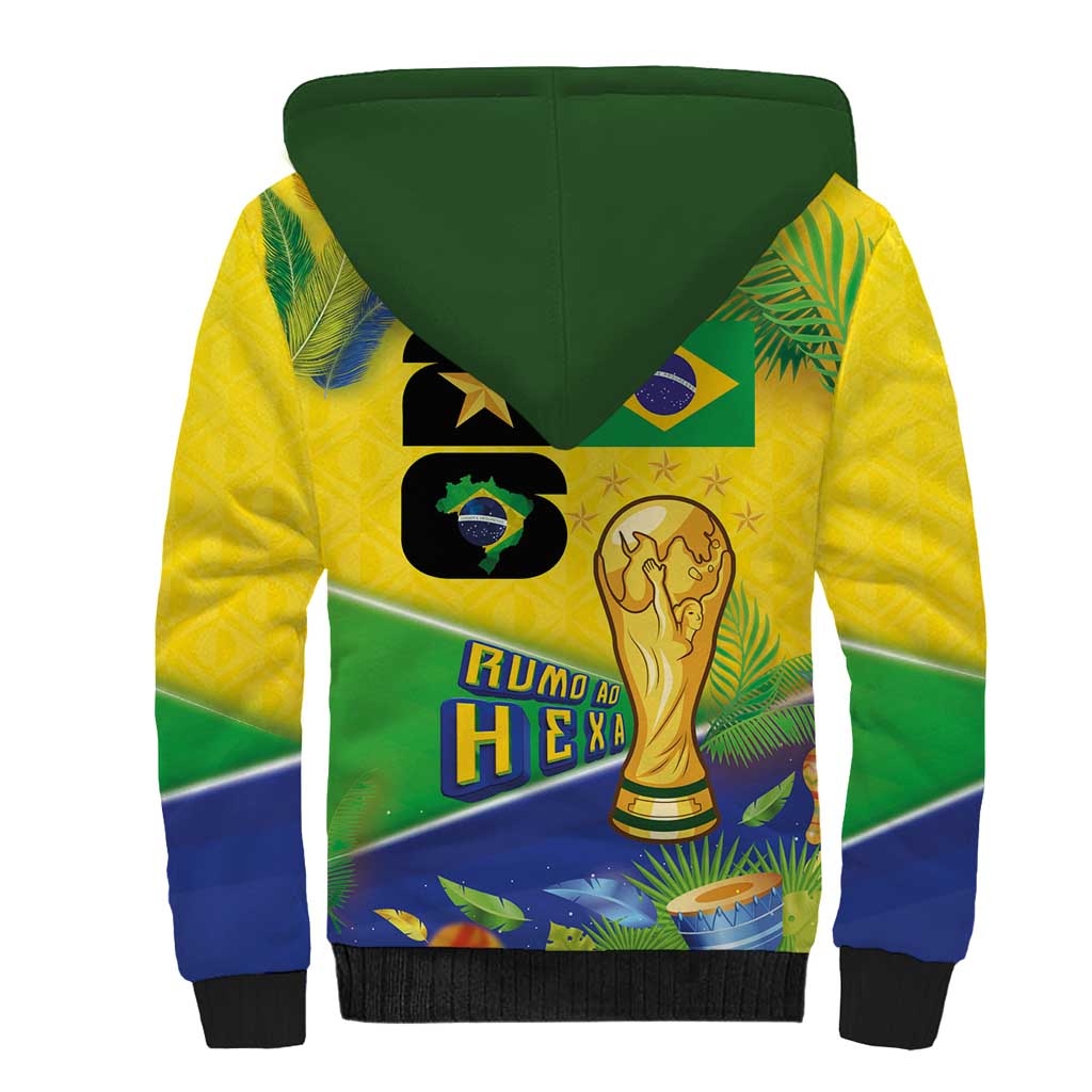 Personalized Brasil Rumo ao Hexa 26 Sherpa Hoodie World Trophy Gold Tropical Plants Carnival Style