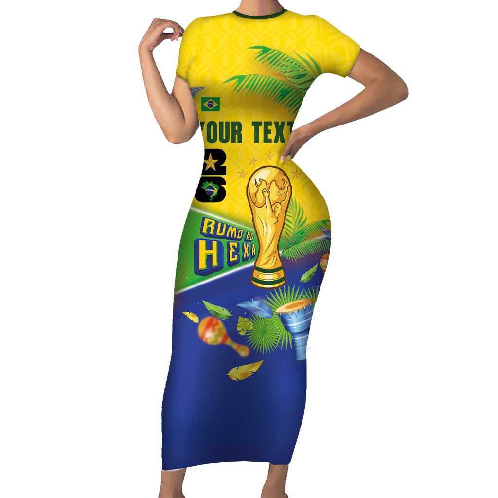 Personalized Brasil Rumo ao Hexa 26 Short Sleeve Bodycon Dress World Trophy Gold Tropical Plants Carnival Style