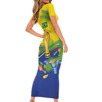 Personalized Brasil Rumo ao Hexa 26 Short Sleeve Bodycon Dress World Trophy Gold Tropical Plants Carnival Style