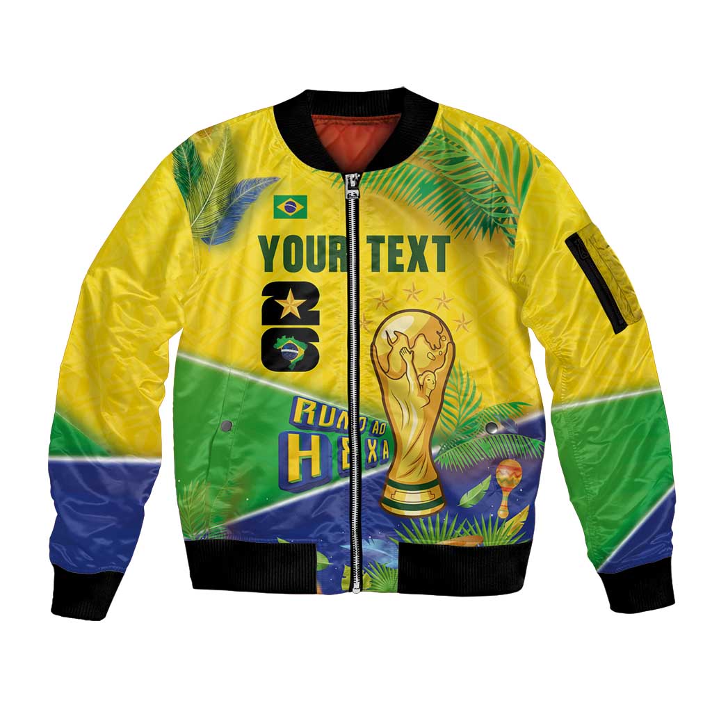 Personalized Brasil Rumo ao Hexa 26 Sleeve Zip Bomber Jacket World Trophy Gold Tropical Plants Carnival Style