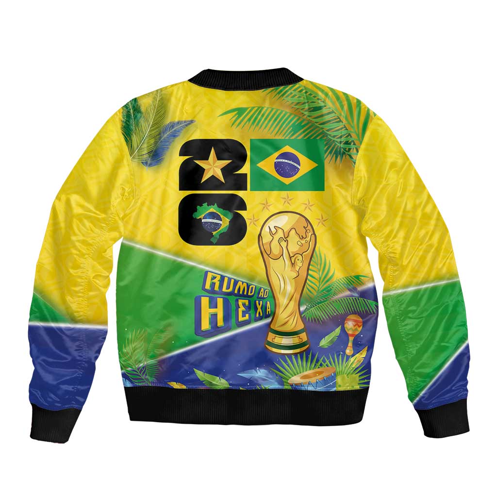 Personalized Brasil Rumo ao Hexa 26 Sleeve Zip Bomber Jacket World Trophy Gold Tropical Plants Carnival Style