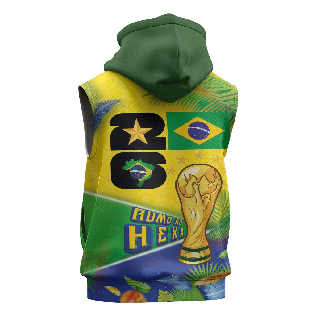Personalized Brasil Rumo ao Hexa 26 Sleeveless Hoodie World Trophy Gold Tropical Plants Carnival Style