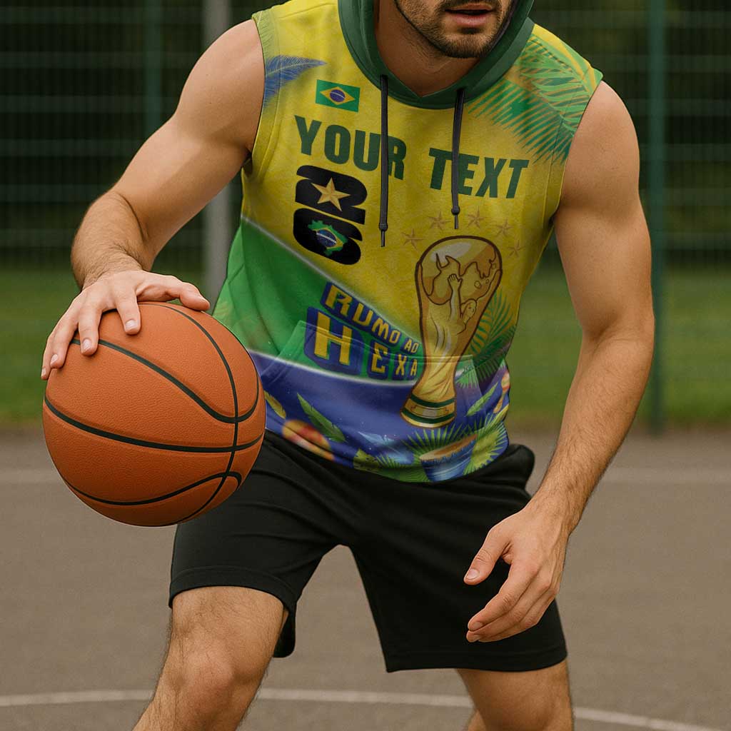 Personalized Brasil Rumo ao Hexa 26 Sleeveless Hoodie World Trophy Gold Tropical Plants Carnival Style