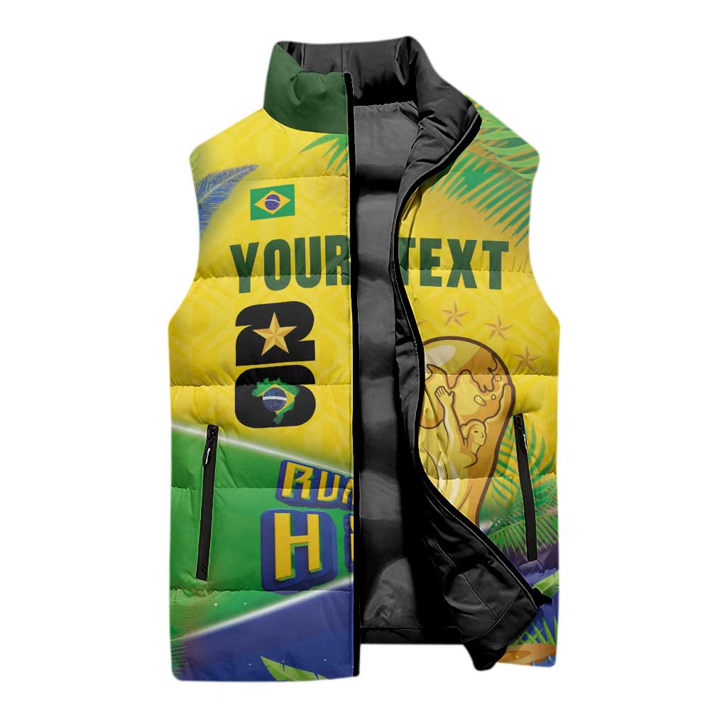 Personalized Brasil Rumo ao Hexa 26 Sleeveless Puffer Jacket World Trophy Gold Tropical Plants Carnival Style