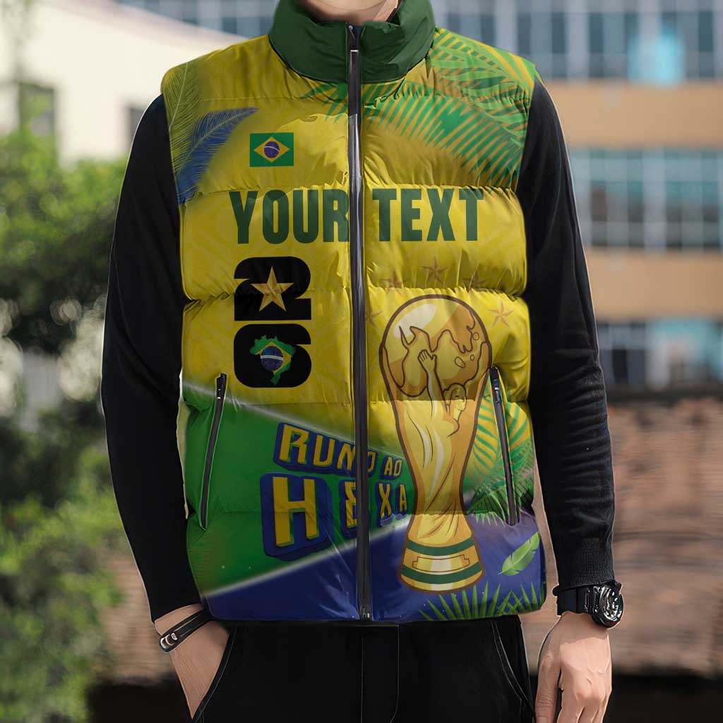 Personalized Brasil Rumo ao Hexa 26 Sleeveless Puffer Jacket World Trophy Gold Tropical Plants Carnival Style