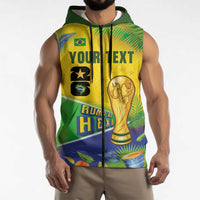 Personalized Brasil Rumo ao Hexa 26 Sleeveless Zip Hoodie World Trophy Gold Tropical Plants Carnival Style
