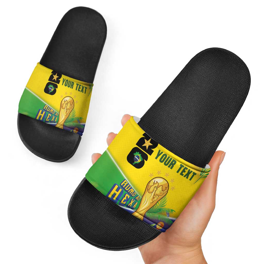 Personalized Brasil Rumo ao Hexa 26 Slide Sandals World Trophy Gold Tropical Plants Carnival Style