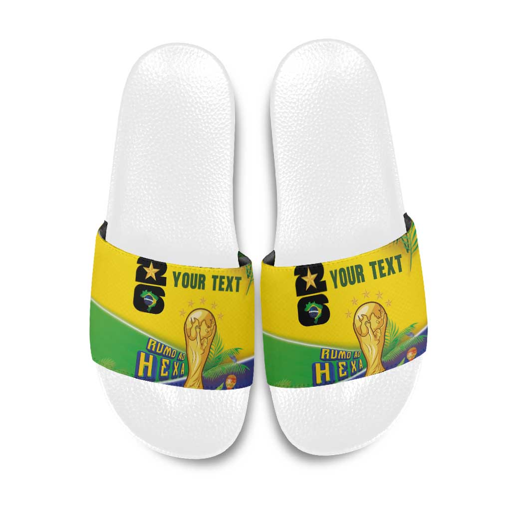 Personalized Brasil Rumo ao Hexa 26 Slide Sandals World Trophy Gold Tropical Plants Carnival Style