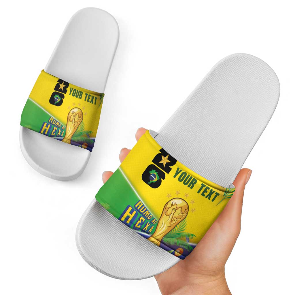 Personalized Brasil Rumo ao Hexa 26 Slide Sandals World Trophy Gold Tropical Plants Carnival Style