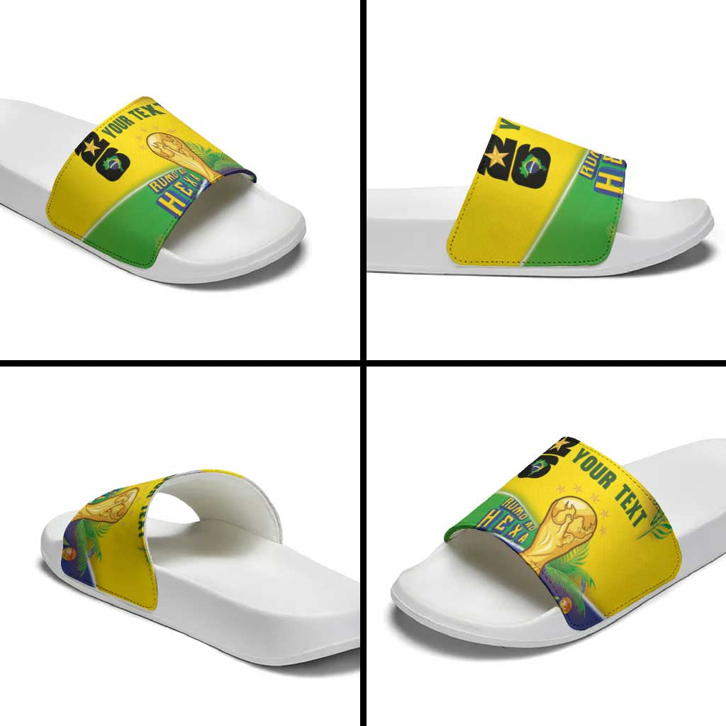 Personalized Brasil Rumo ao Hexa 26 Slide Sandals World Trophy Gold Tropical Plants Carnival Style