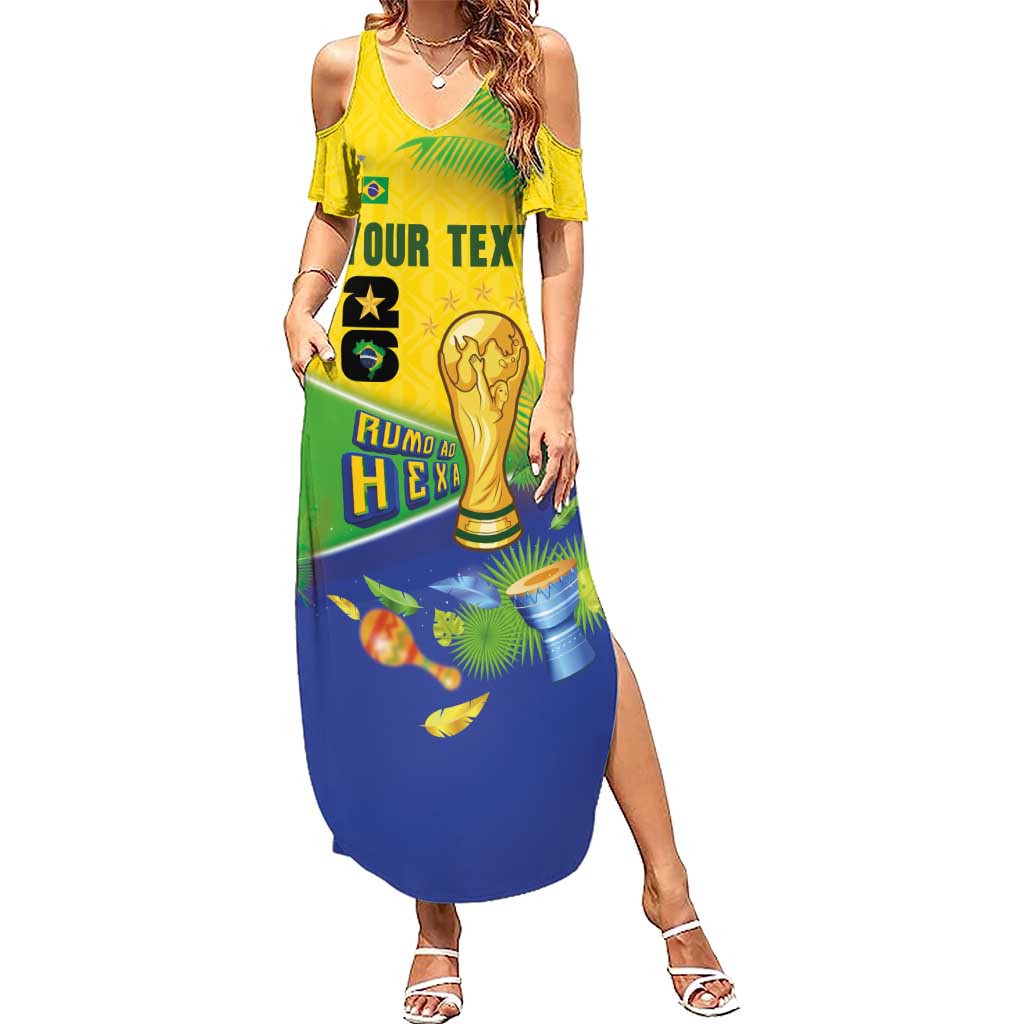 Personalized Brasil Rumo ao Hexa 26 Summer Maxi Dress World Trophy Gold Tropical Plants Carnival Style
