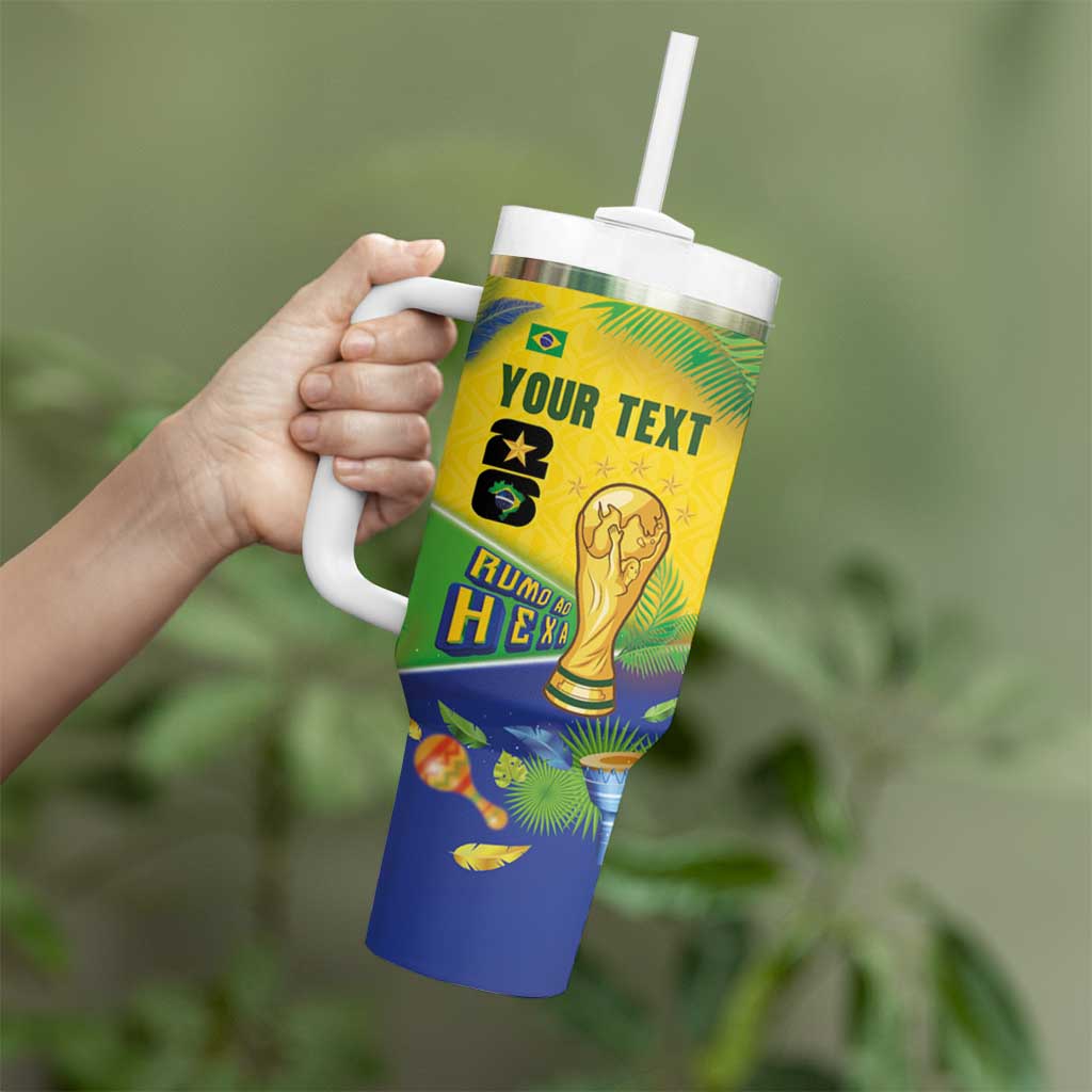 Personalized Brasil Rumo ao Hexa 26 Tumbler With Handle World Trophy Gold Tropical Plants Carnival Style