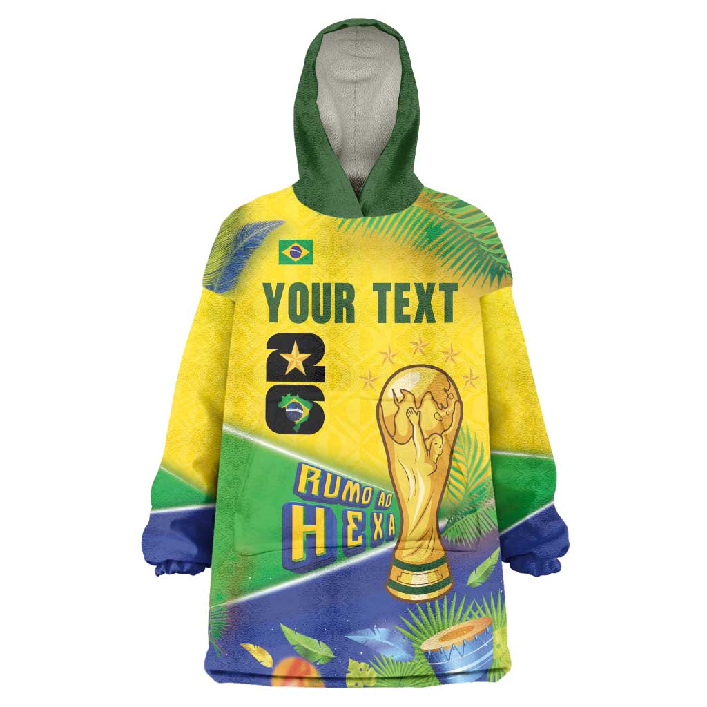 Personalized Brasil Rumo ao Hexa 26 Wearable Blanket Hoodie World Trophy Gold Tropical Plants Carnival Style