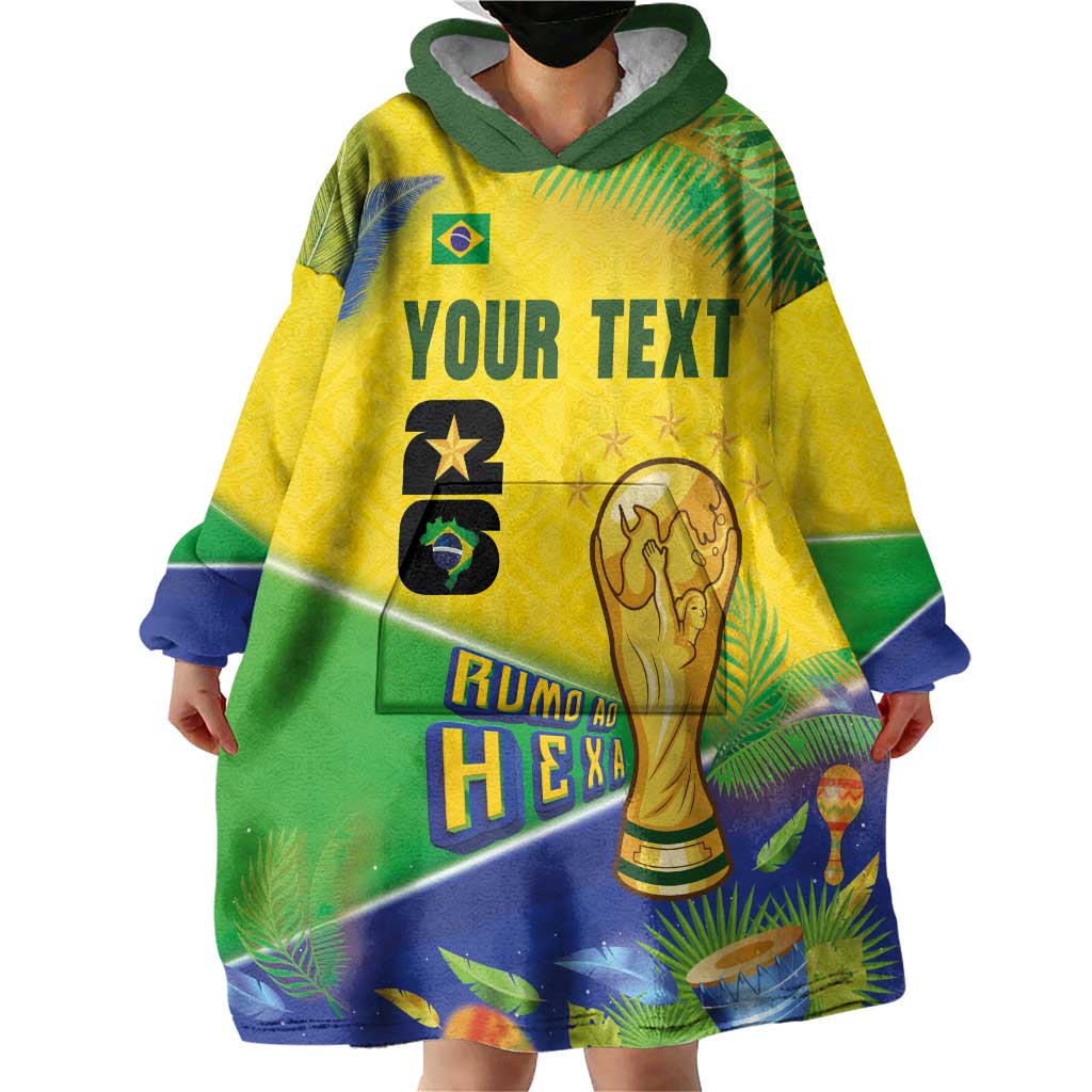 Personalized Brasil Rumo ao Hexa 26 Wearable Blanket Hoodie World Trophy Gold Tropical Plants Carnival Style