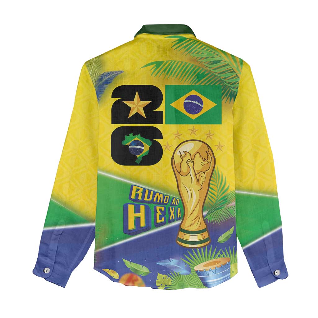 Personalized Brasil Rumo ao Hexa 26 Women Casual Shirt World Trophy Gold Tropical Plants Carnival Style