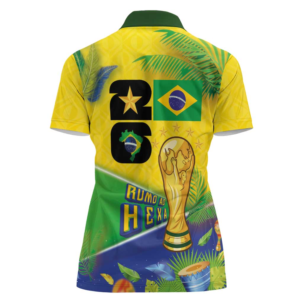 Personalized Brasil Rumo ao Hexa 26 Women Polo Shirt World Trophy Gold Tropical Plants Carnival Style