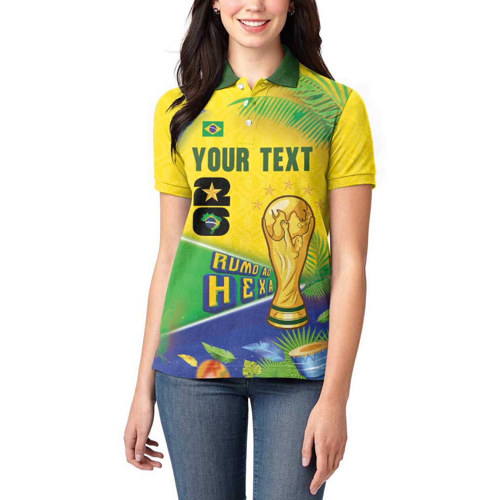 Personalized Brasil Rumo ao Hexa 26 Women Polo Shirt World Trophy Gold Tropical Plants Carnival Style