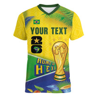 Personalized Brasil Rumo ao Hexa 26 Women V-Neck T-Shirt World Trophy Gold Tropical Plants Carnival Style