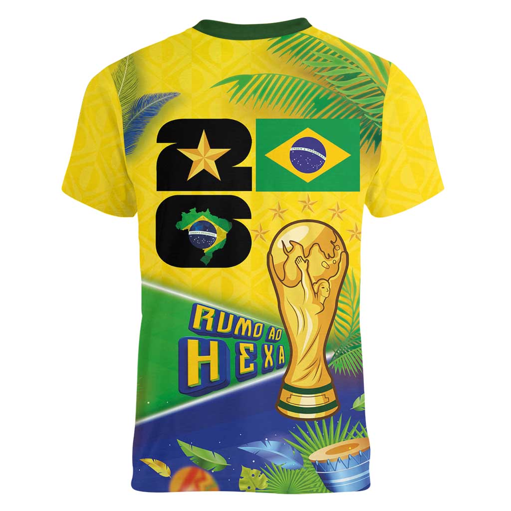 Personalized Brasil Rumo ao Hexa 26 Women V-Neck T-Shirt World Trophy Gold Tropical Plants Carnival Style