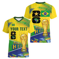 Personalized Brasil Rumo ao Hexa 26 Women V-Neck T-Shirt World Trophy Gold Tropical Plants Carnival Style