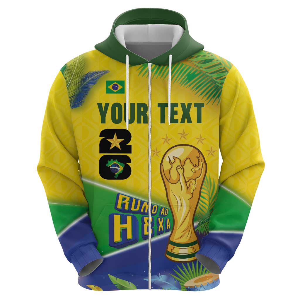 Personalized Brasil Rumo ao Hexa 26 Zip Hoodie World Trophy Gold Tropical Plants Carnival Style
