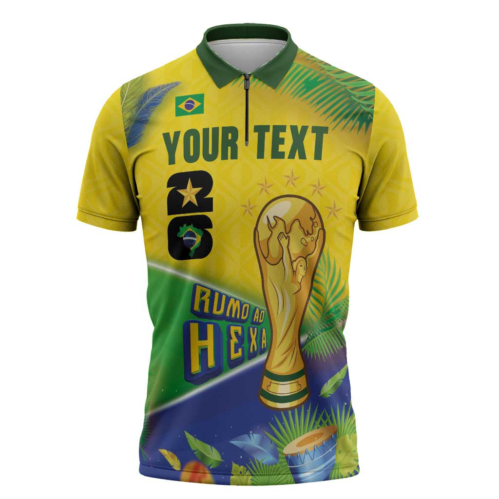 Personalized Brasil Rumo ao Hexa 26 Zipper Polo Shirt World Trophy Gold Tropical Plants Carnival Style