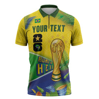 Personalized Brasil Rumo ao Hexa 26 Zipper Polo Shirt World Trophy Gold Tropical Plants Carnival Style