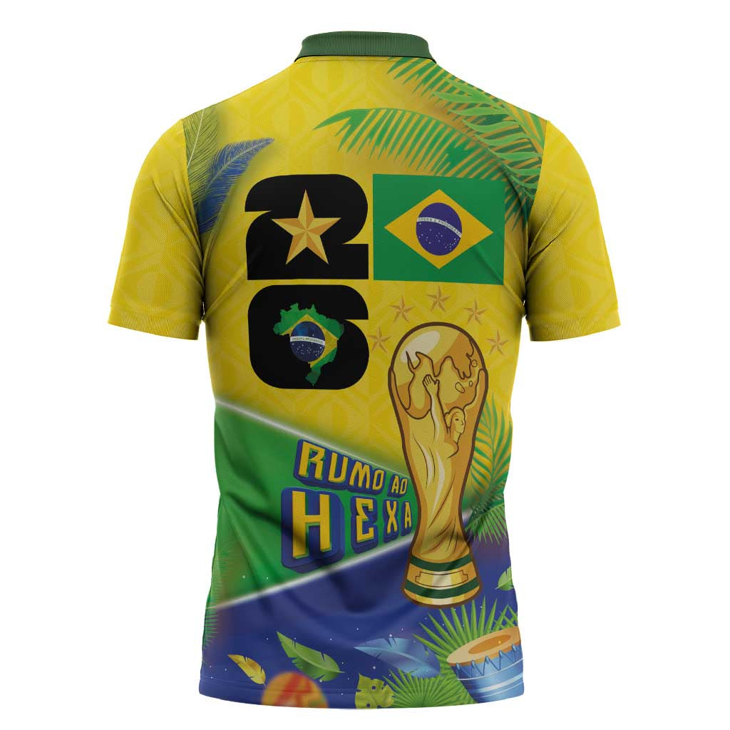 Personalized Brasil Rumo ao Hexa 26 Zipper Polo Shirt World Trophy Gold Tropical Plants Carnival Style