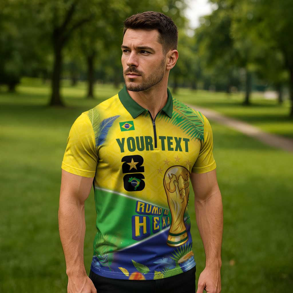 Personalized Brasil Rumo ao Hexa 26 Zipper Polo Shirt World Trophy Gold Tropical Plants Carnival Style