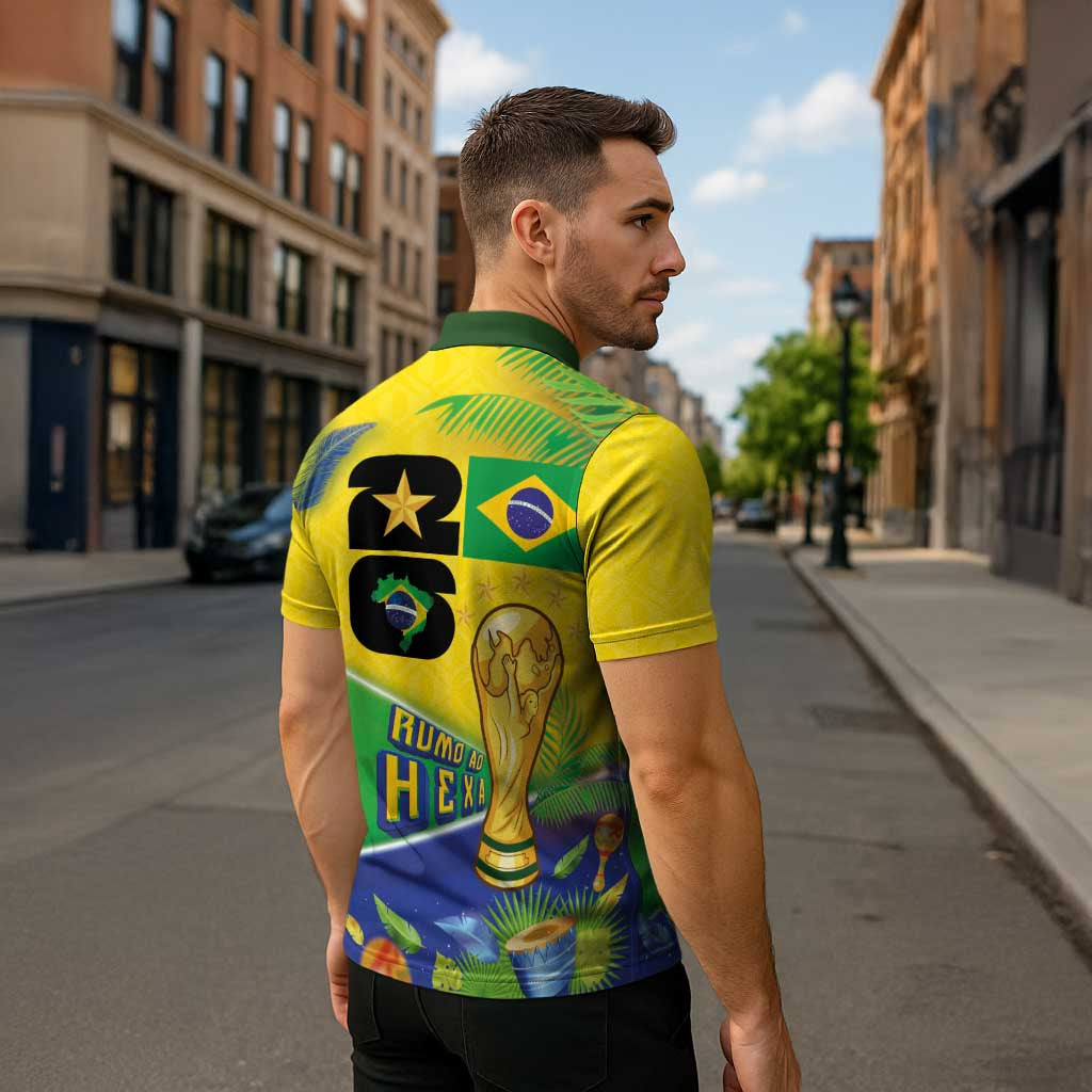 Personalized Brasil Rumo ao Hexa 26 Zipper Polo Shirt World Trophy Gold Tropical Plants Carnival Style