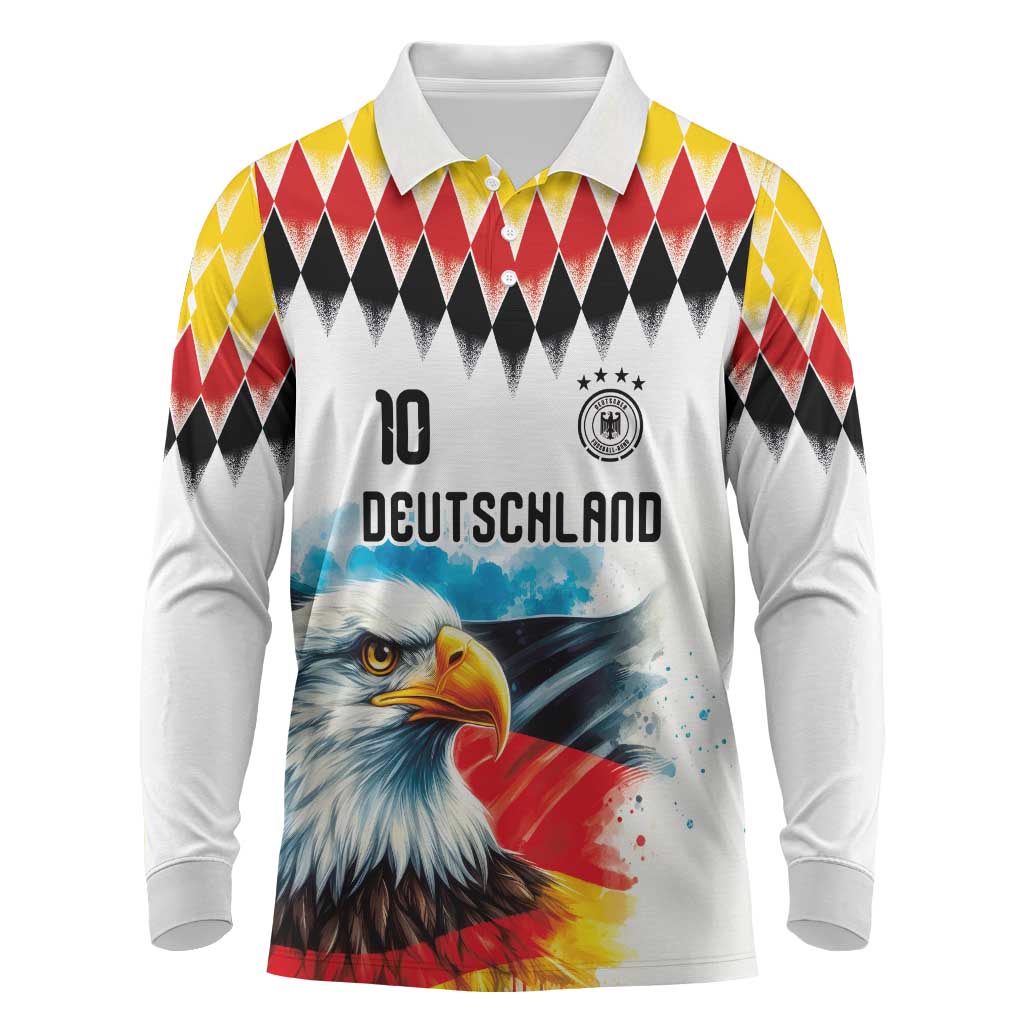 Custom Germany National Football Long Sleeve Polo Shirt Deutschland Eagle Argyle Heritage Watercolor Art