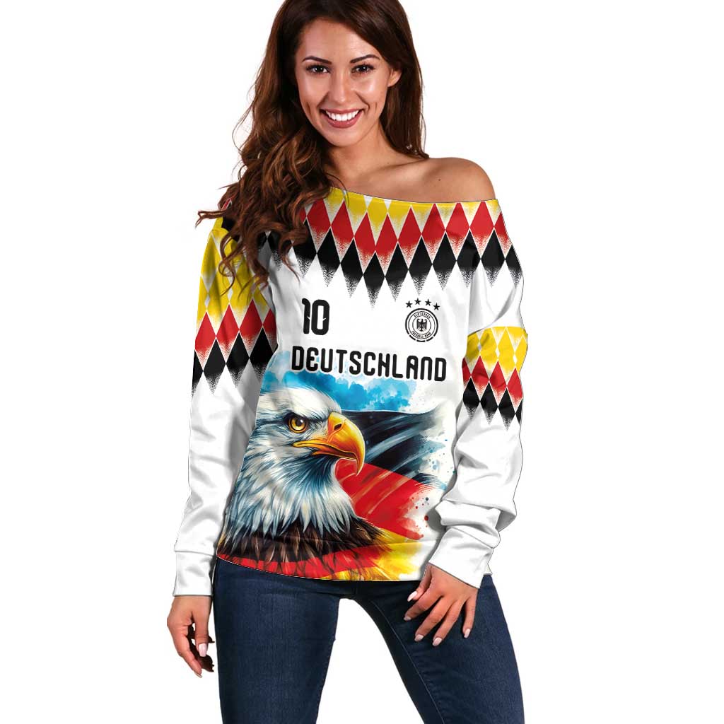 Custom Germany National Football Off Shoulder Sweater Deutschland Eagle Argyle Heritage Watercolor Art