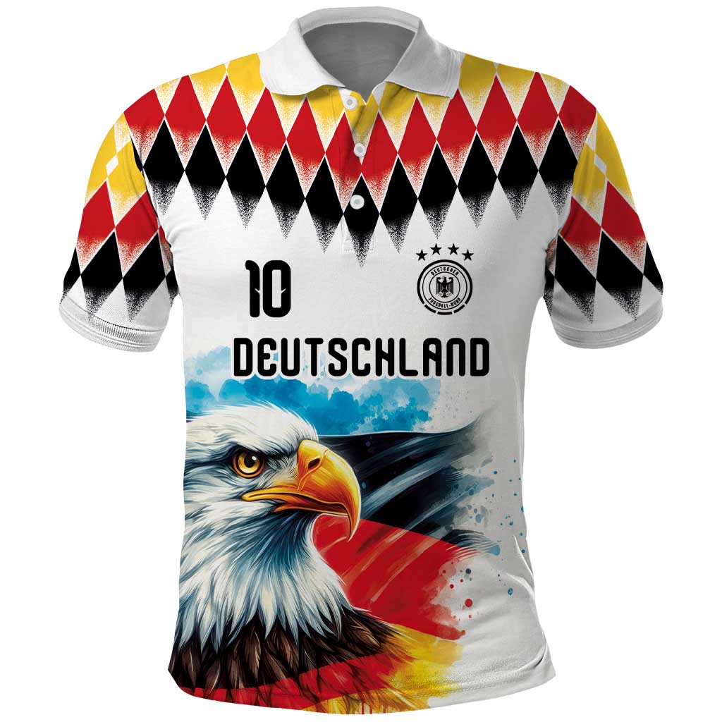 Custom Germany National Football Polo Shirt Deutschland Eagle Argyle Heritage Watercolor Art