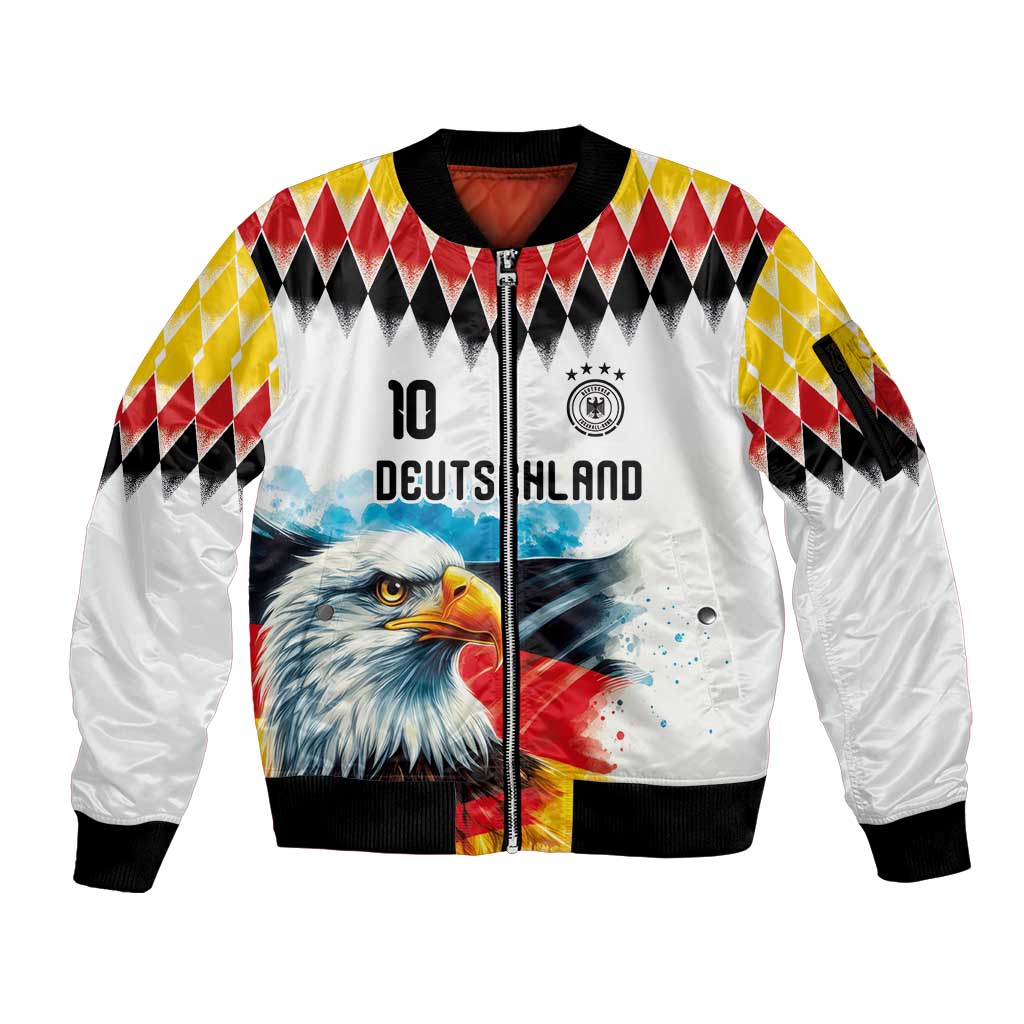 Custom Germany National Football Sleeve Zip Bomber Jacket Deutschland Eagle Argyle Heritage Watercolor Art