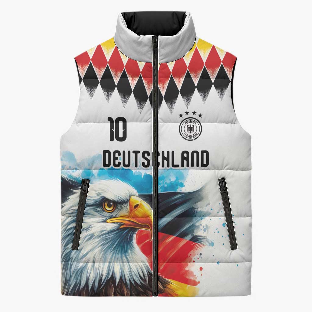 Custom Germany National Football Sleeveless Puffer Jacket Deutschland Eagle Argyle Heritage Watercolor Art