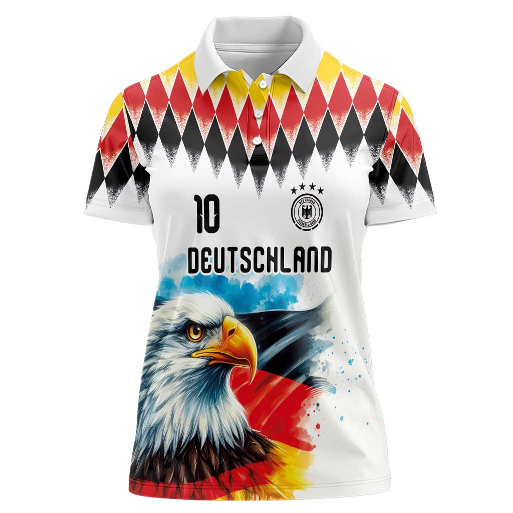 Custom Germany National Football Women Polo Shirt Deutschland Eagle Argyle Heritage Watercolor Art