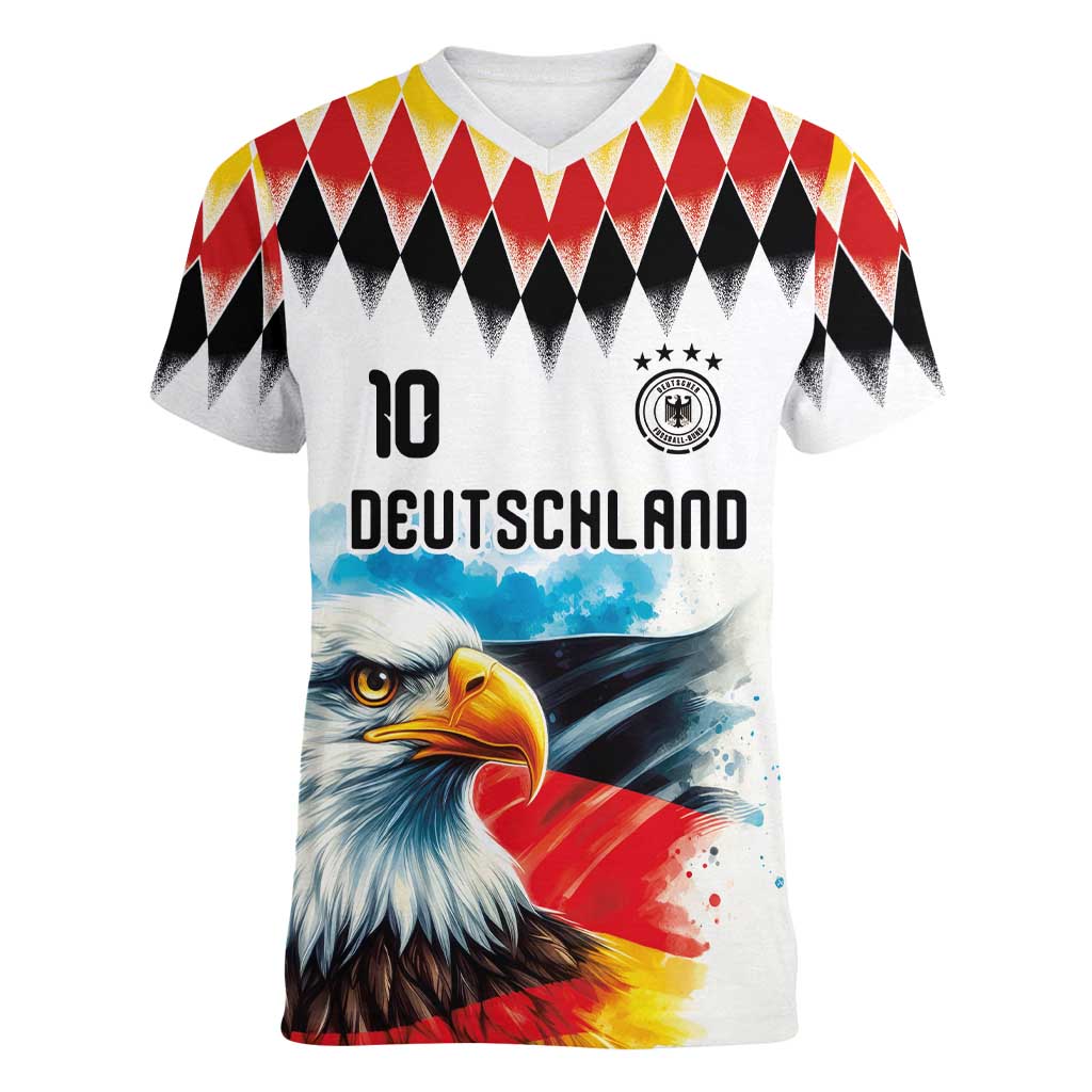 Custom Germany National Football Women V-Neck T-Shirt Deutschland Eagle Argyle Heritage Watercolor Art