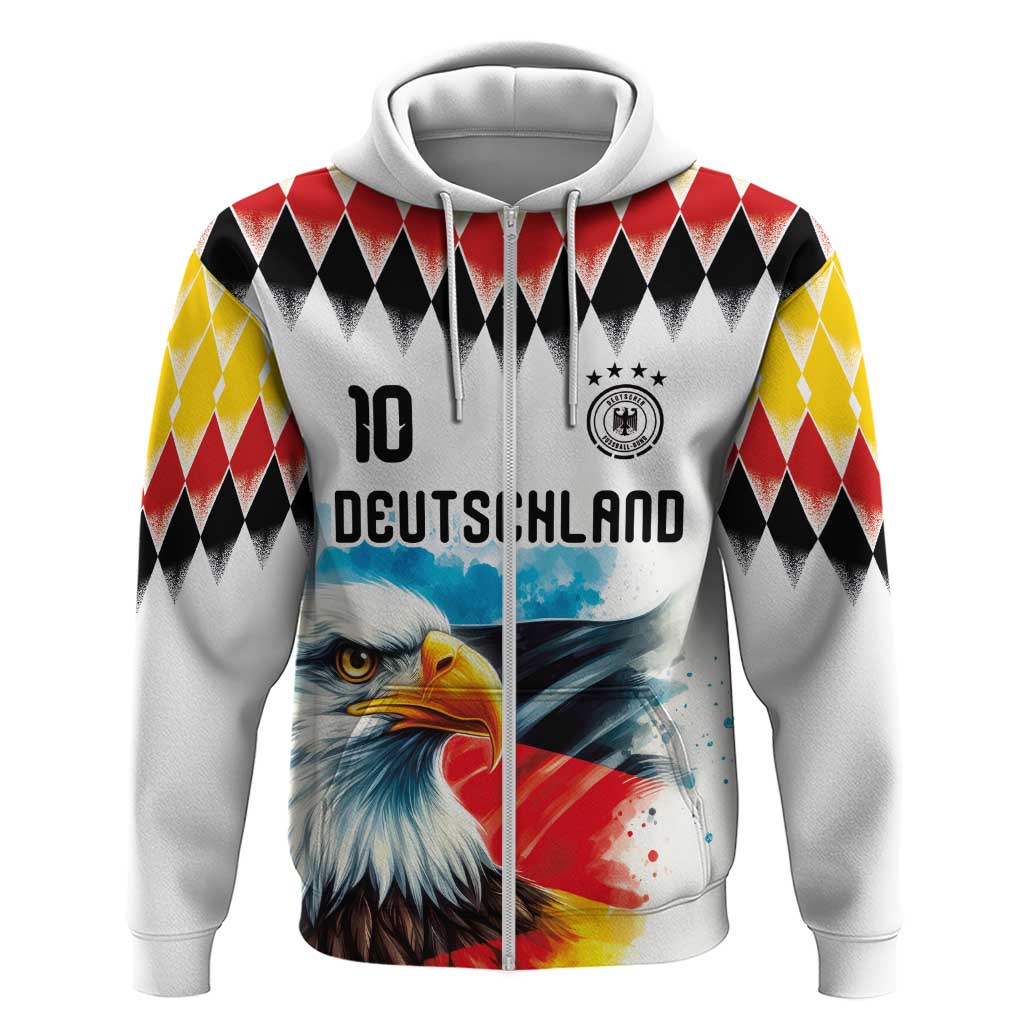 Custom Germany National Football Zip Hoodie Deutschland Eagle Argyle Heritage Watercolor Art