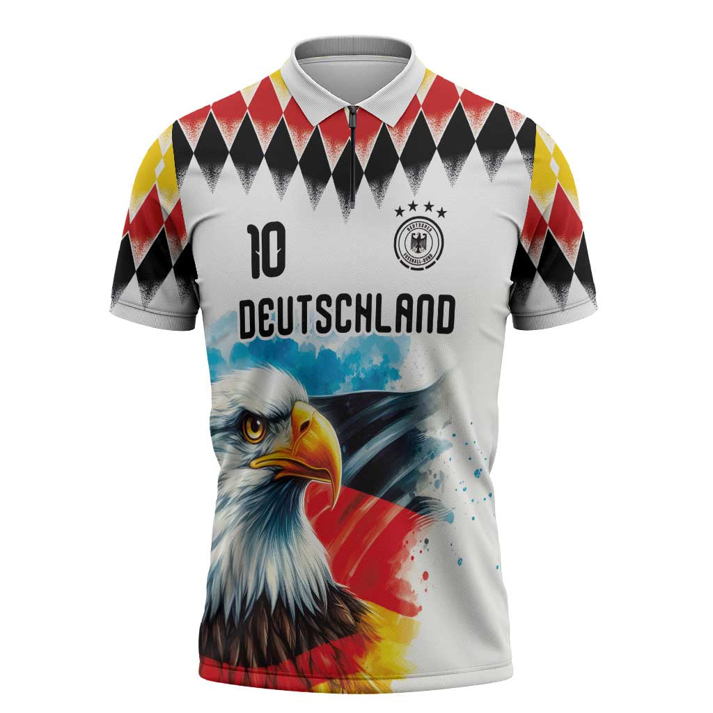 Custom Germany National Football Zipper Polo Shirt Deutschland Eagle Argyle Heritage Watercolor Art